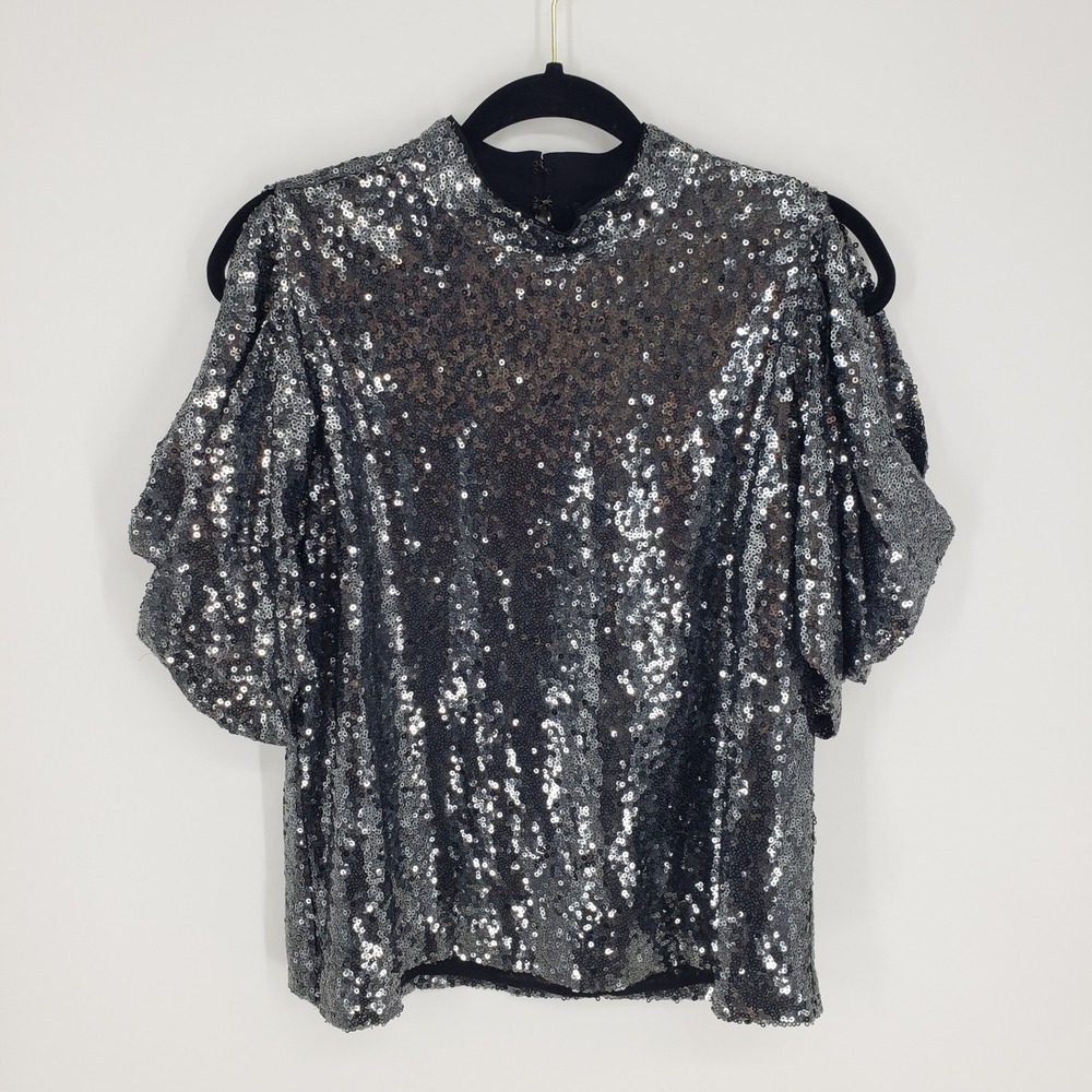 Ann Taylor Silver Sequin Cold Shoulder Top Women Sz Small Mock Neck Glam Sparkle